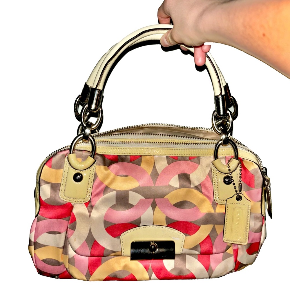 COACH KRISTIN CHAINLINK PRINT MULTICOLOR SATIN DOUBLE ZIP SATCHEL HANDBAG F22744